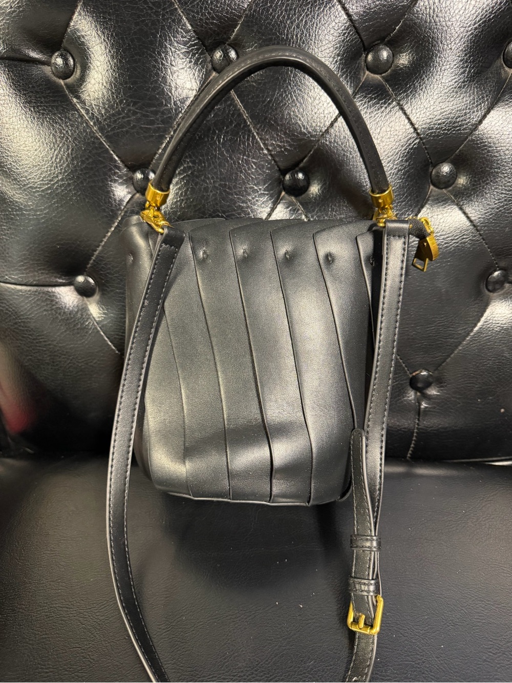 Black Leather Top-Handle Shoulder Bag with Gold Hardware